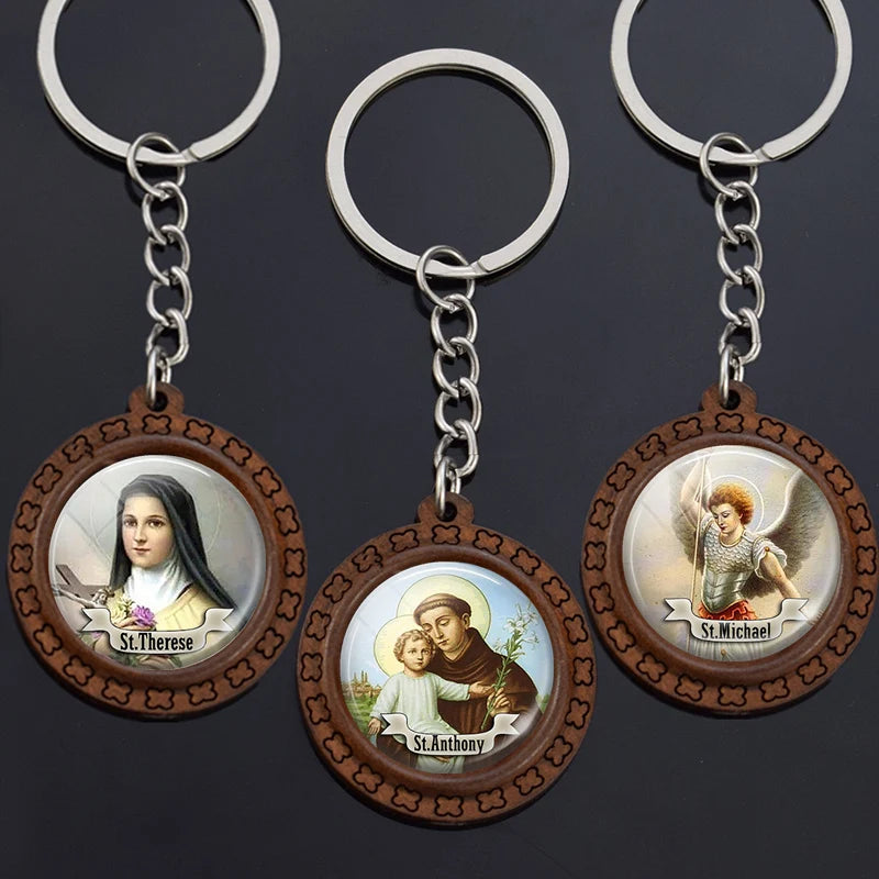 Religious Wooden Saint Glass Keyring Medal