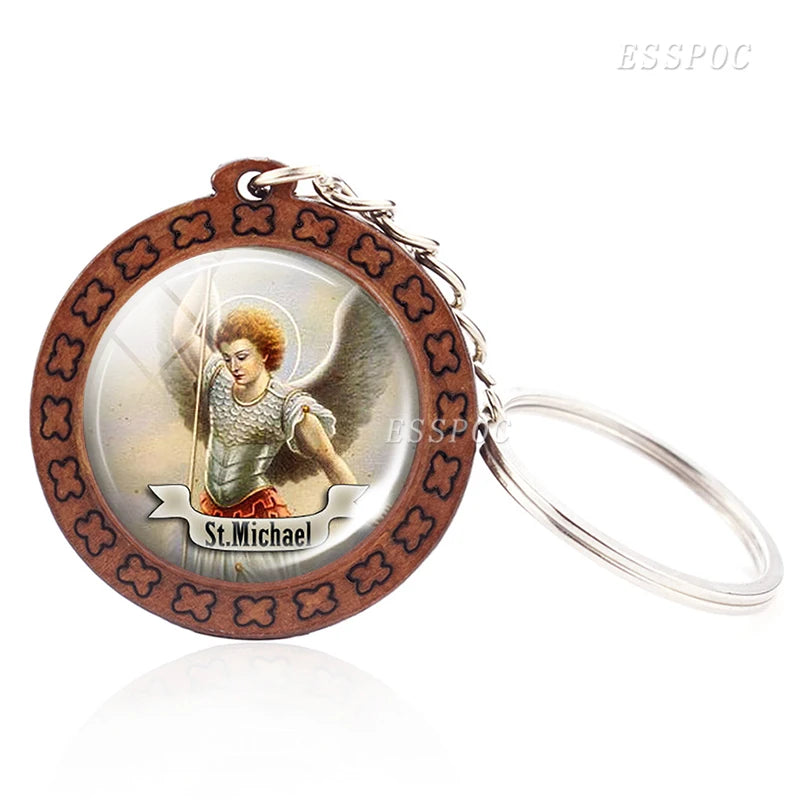 Religious Wooden Saint Glass Keyring Medal