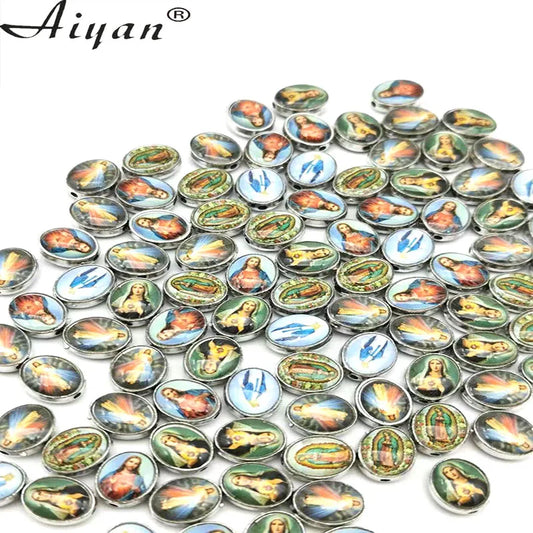 100 Pcs Religious Oval Two-Sided Drop Oil Alloy Beads