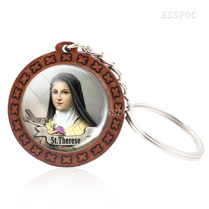 Religious Wooden Saint Glass Keyring Medal