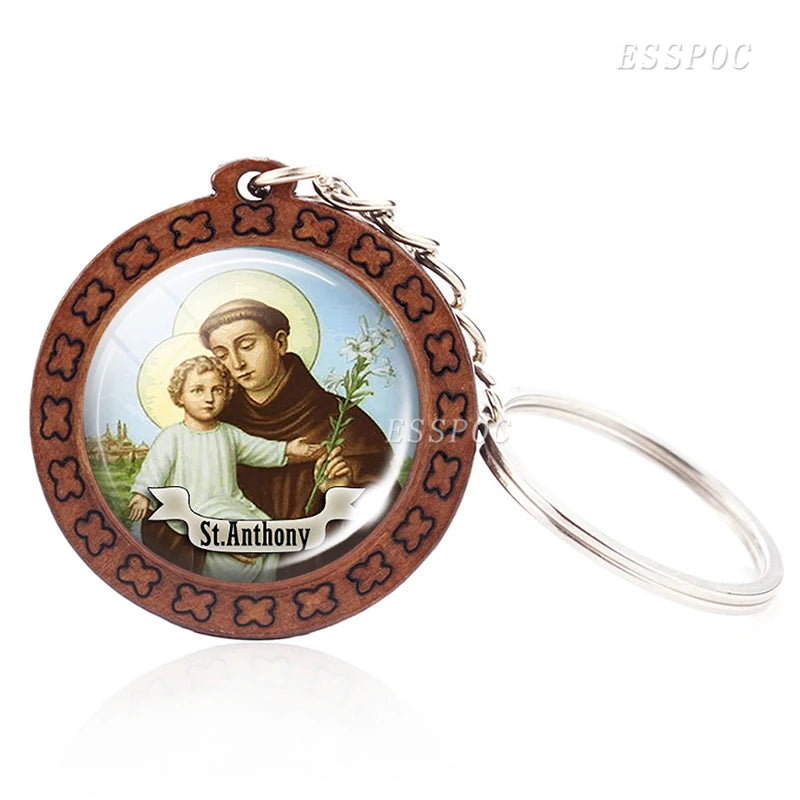 Religious Wooden Saint Glass Keyring Medal