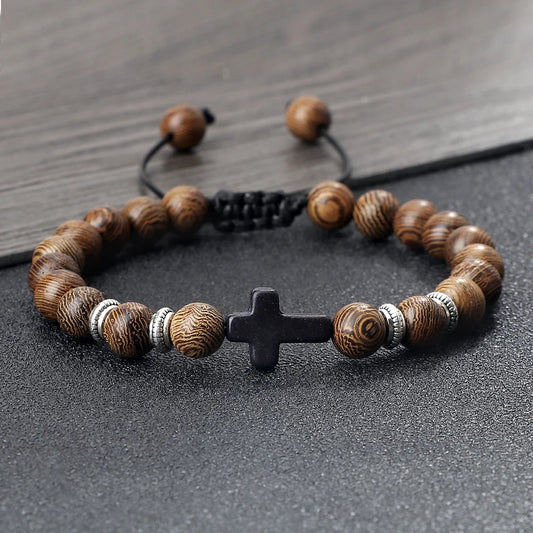 Handmade Natural Stone & Wooden Beaded Cross Bracelet