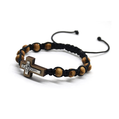 Catholic Cross Wooden Beads Bracelet