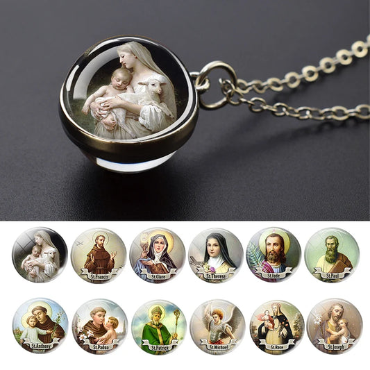 Religious Saint Glass Ball Necklace Pendant