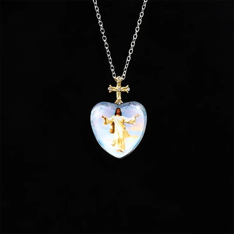 Heart-shaped Catholic Crystal Pendant